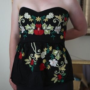 Embroidered Strapless Peplum Top